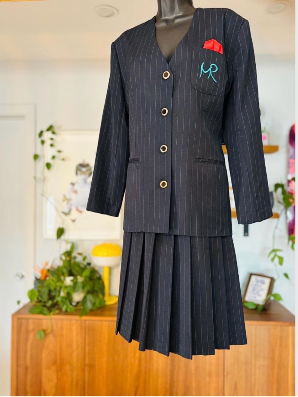 Vintage Mina Riel Navy & Turquoise Striped Set – Blazer & Skirt